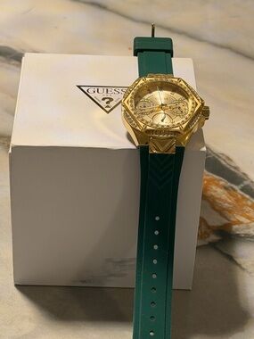GUESS Gold Tone Watch with Emerald Green Silicone Strap